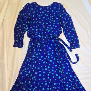 Vintage Jordan Ari Blue Dress With Green Polka Dots, Size Med